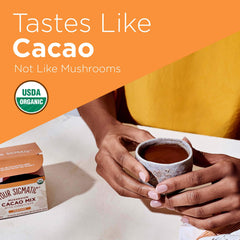 Four Sigmatic Boost Mushroom Cacao cup with ginger, warming aroma.