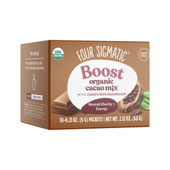 Four Sigmatic Boost Mushroom Cacao packets front, convenient energy-boosting hot chocolate.