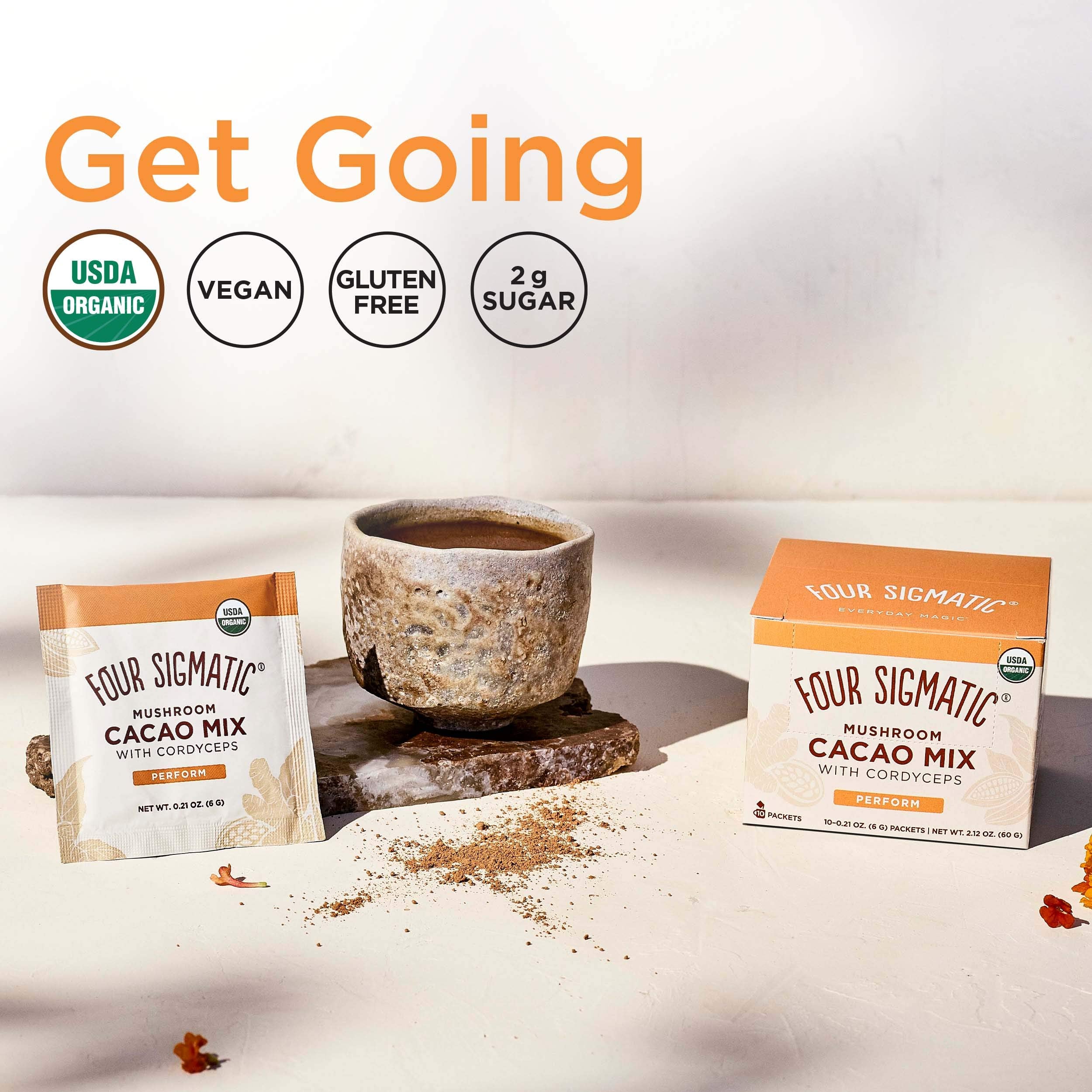 Four Sigmatic Boost Mushroom Cacao vegan, dairy-free formula for plant-based diets.