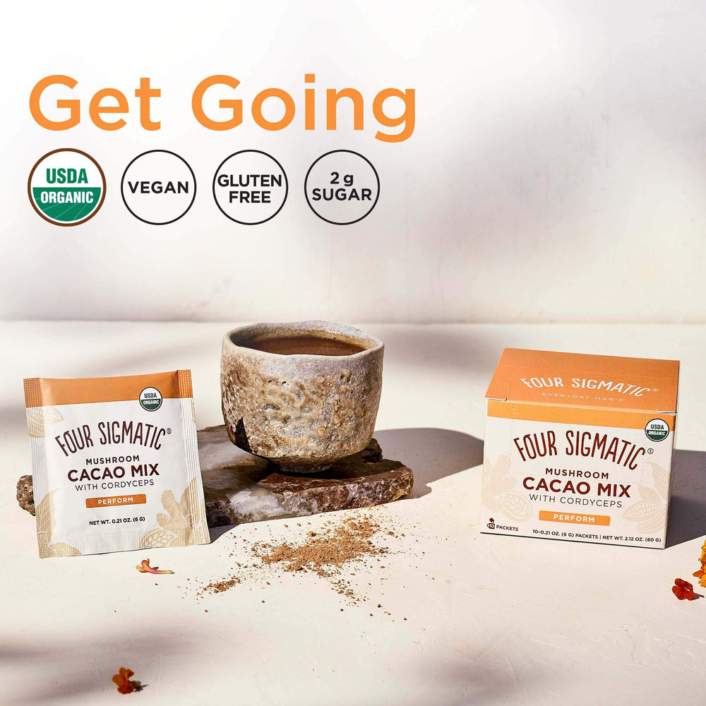 Four Sigmatic Boost Mushroom Cacao vegan, dairy-free formula for plant-based diets.
