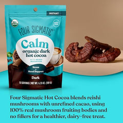 Close-up of Four Sigmatic Calm ingredients, highlighting reishi and cacao for calming moments