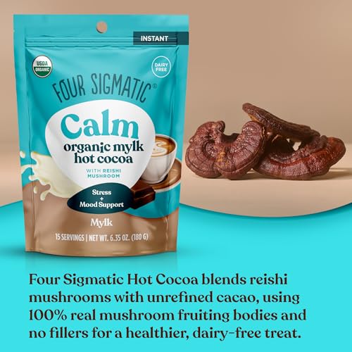 Four Sigmatic Calm Mushroom Cocoa tub label highlighting clean, six-ingredient formula