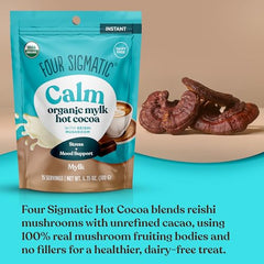 Four Sigmatic Calm Mushroom Cocoa tub label highlighting clean, six-ingredient formula