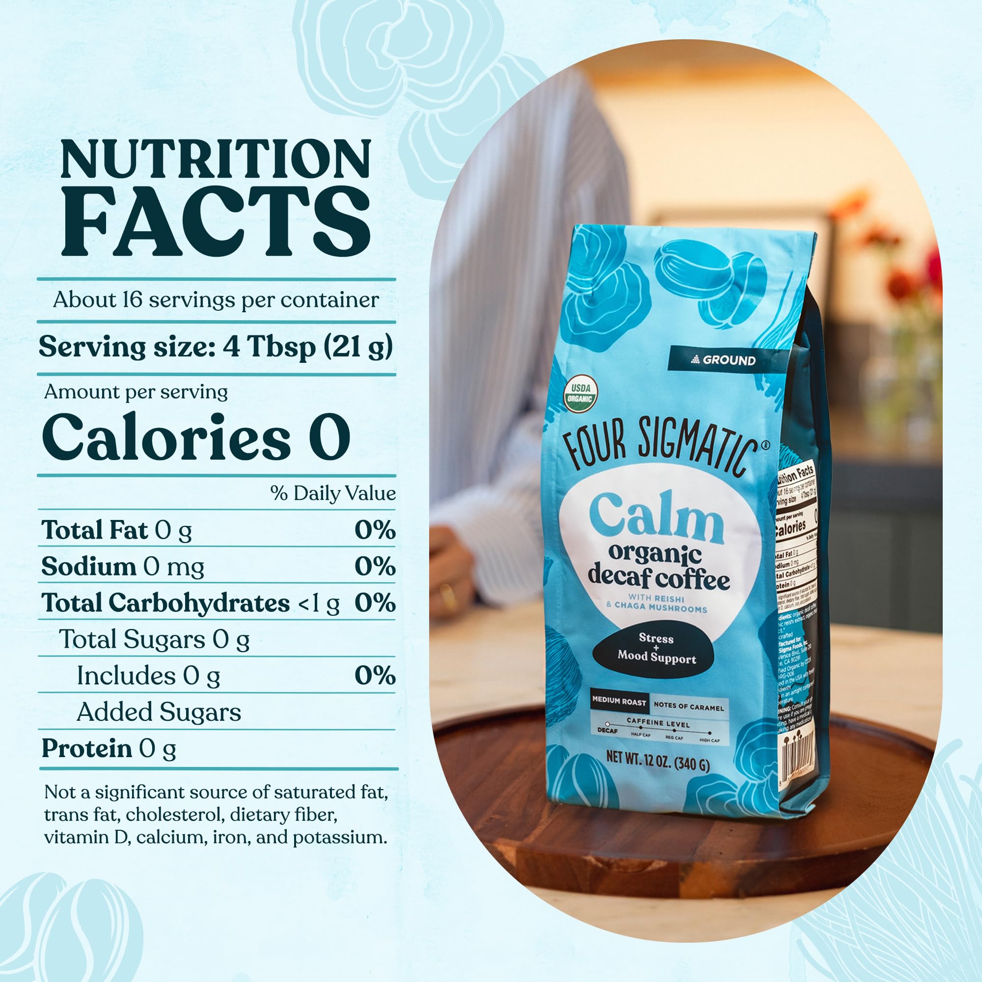 Four Sigmatic Calm decaf from Peru highlights fair-trade sourcing and bold flavor.