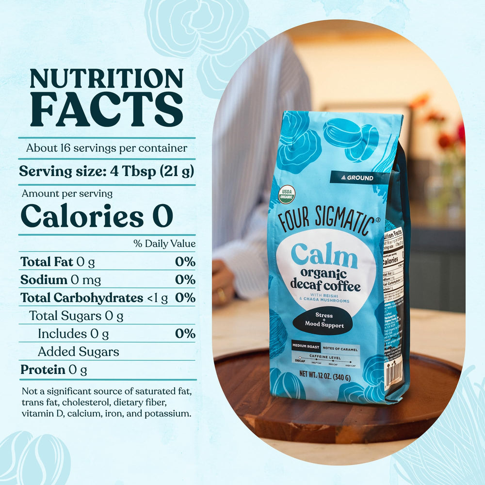 Four Sigmatic Calm decaf from Peru highlights fair-trade sourcing and bold flavor.