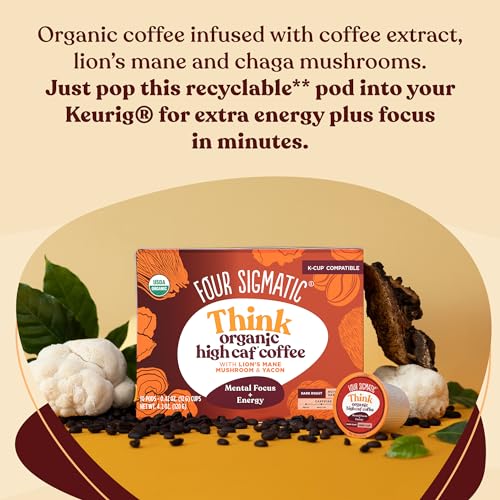 Pour scene of Four Sigmatic dark roast K-Cups showcasing smooth, low-acid flavor