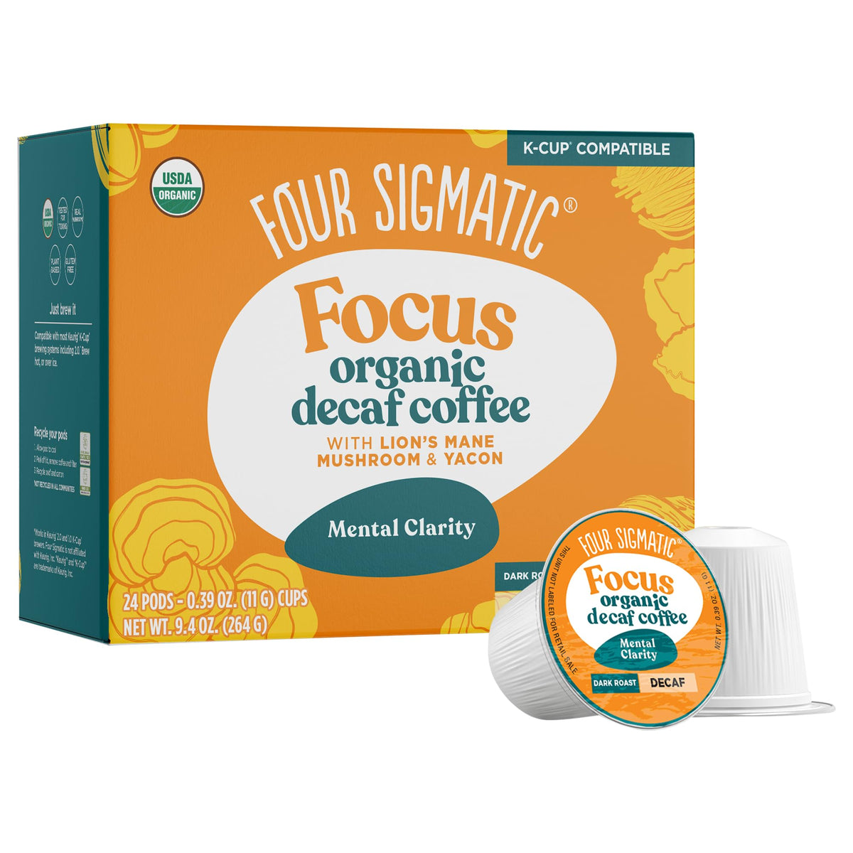 Four Sigmatic decaf K-Cups with Honduran dark roast aroma and smooth finish