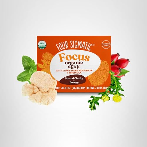 Four Sigmatic Focus Elixir label and packaging displayed on a store shelf