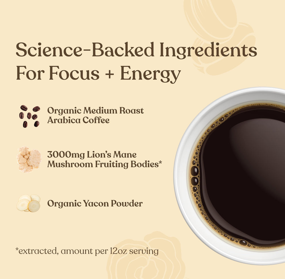 Four Sigmatic Focus lion mane closeup highlights premium mushroom blend for focus.