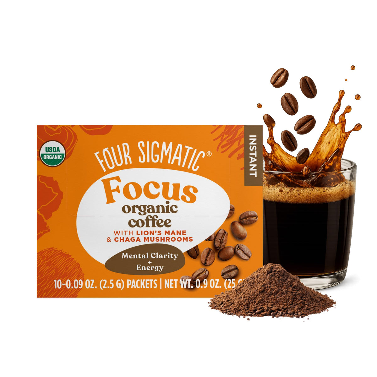 Four Sigmatic Focus instant coffee with Lion’s Mane and Chaga in a ready-to-use pack for focus.