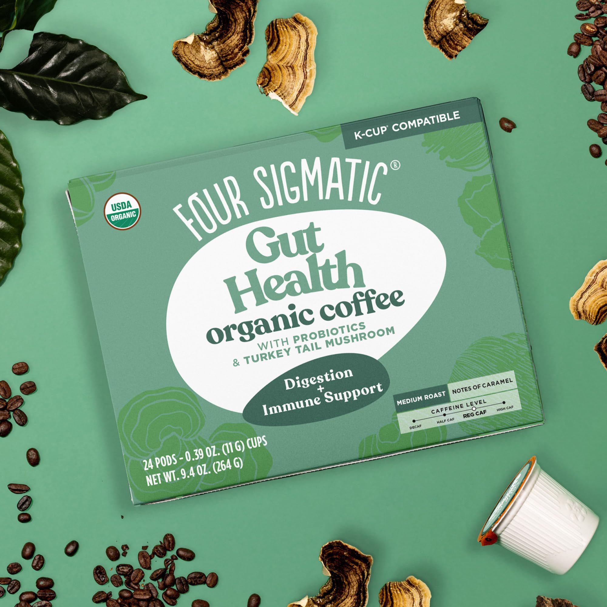 Mushroom fruiting bodies highlighted in Four Sigmatic Gut Health blend for potency