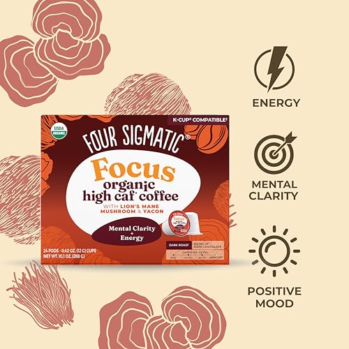 Pouring Four Sigmatic High Caffeine coffee, a rich dark roast with Lion's Mane.
