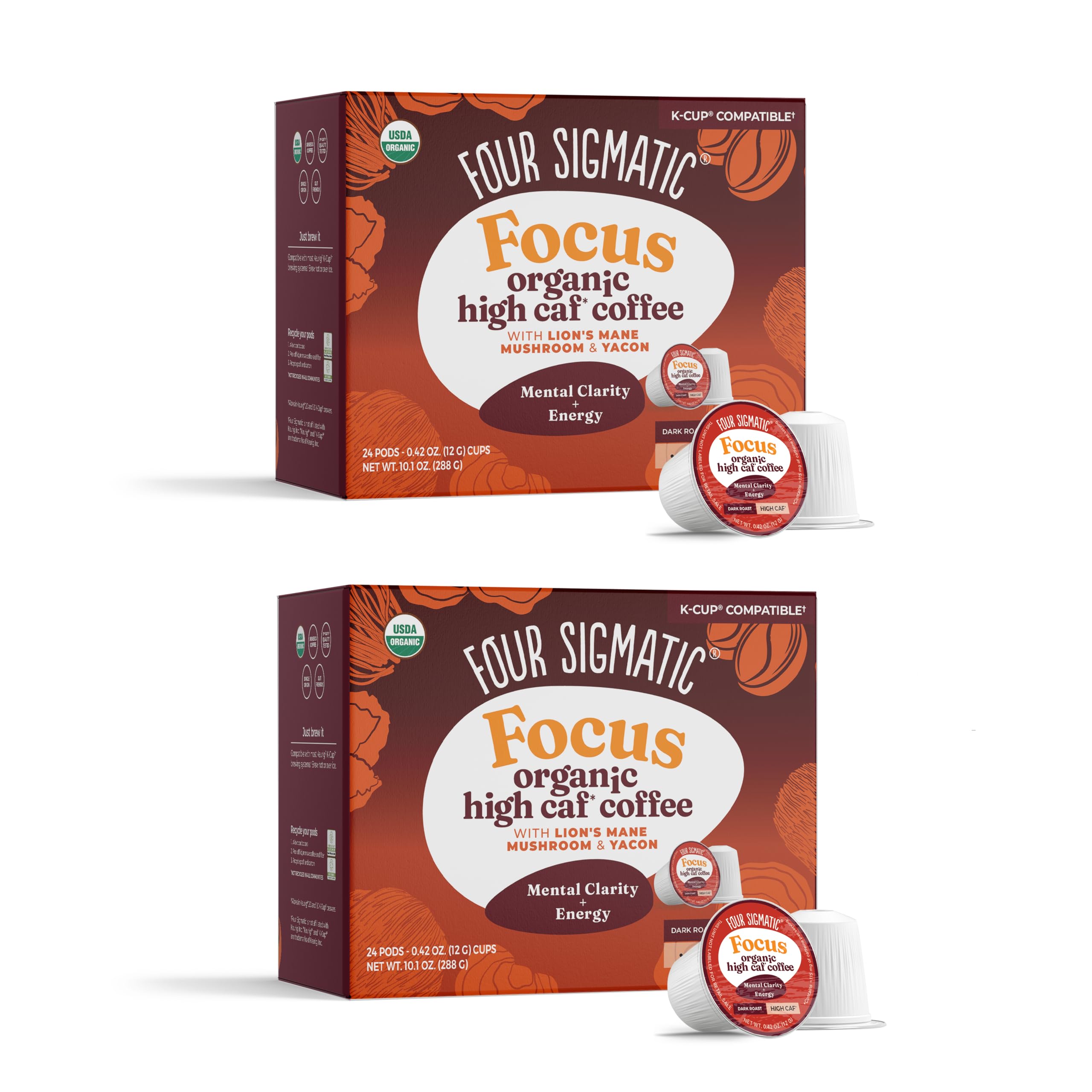 Four Sigmatic High Caffeine coffee packaging with sustainable pods for quick mornings.