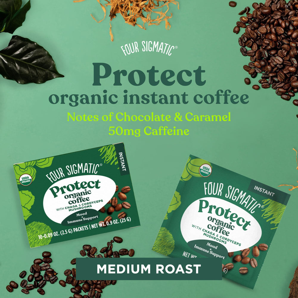 Four Sigmatic instant coffee prep at desk for focused work.