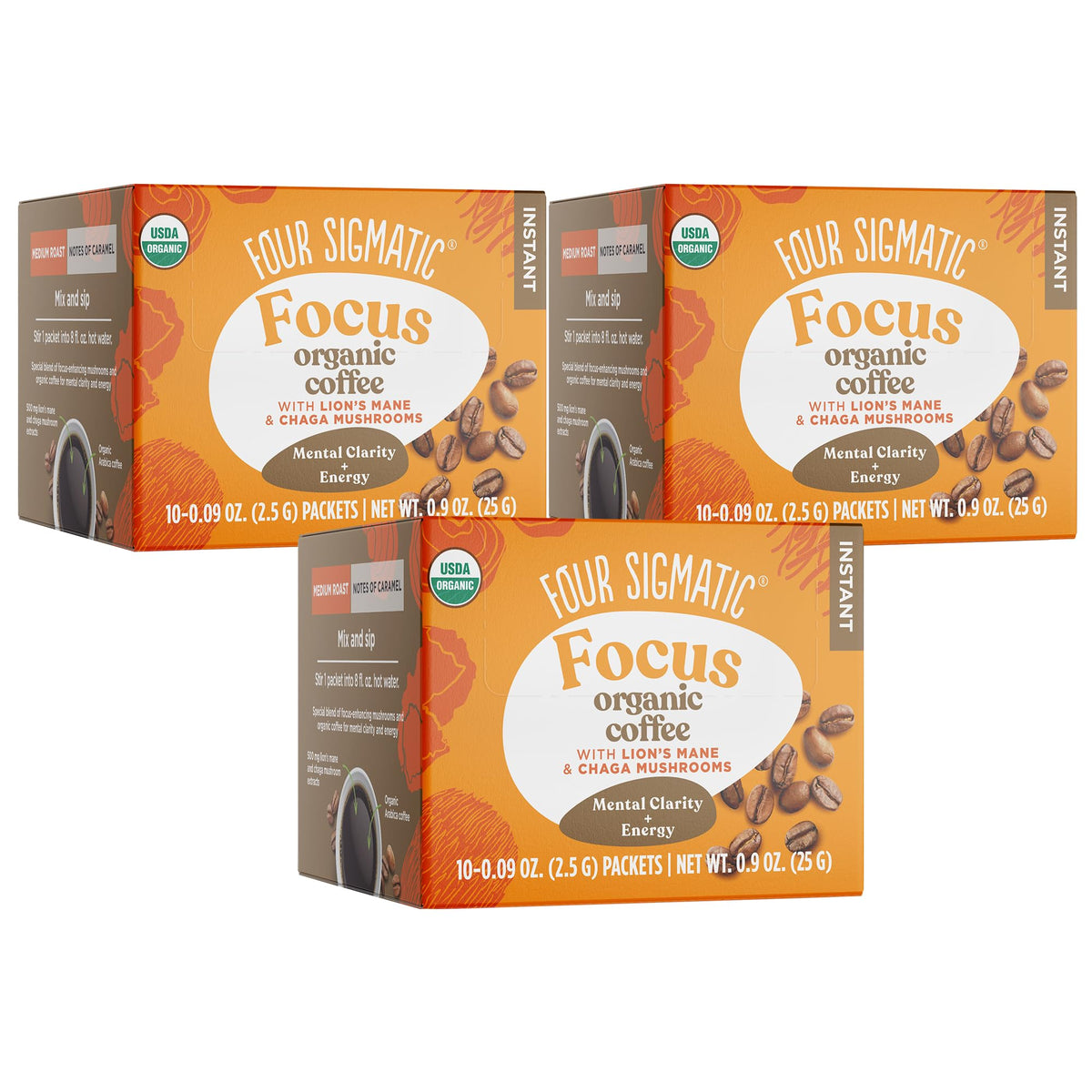 Four Sigmatic Lion's Mane coffee pack in a three-pack for daily focus routines.