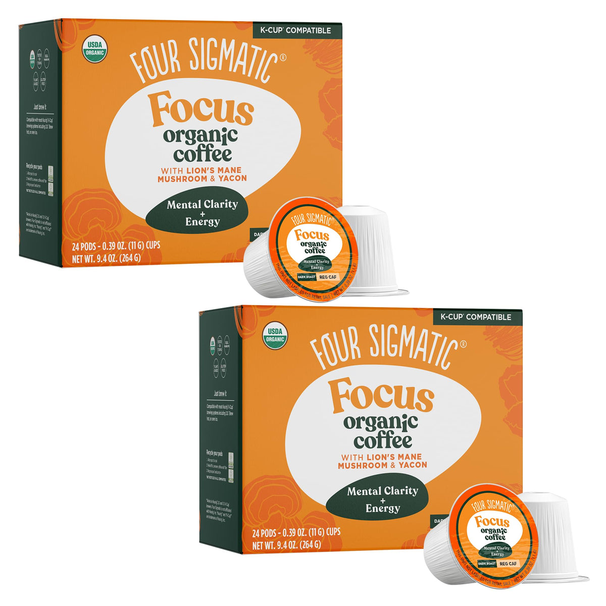 Four Sigmatic Mushroom Coffee K-Cups packaging featuring Lion’s Mane and Yacon for focused mornings.