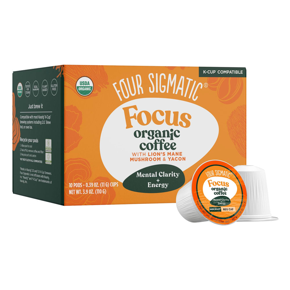 Four Sigmatic Mushroom Coffee K-Cups packaging promotes sustainability and convenience.