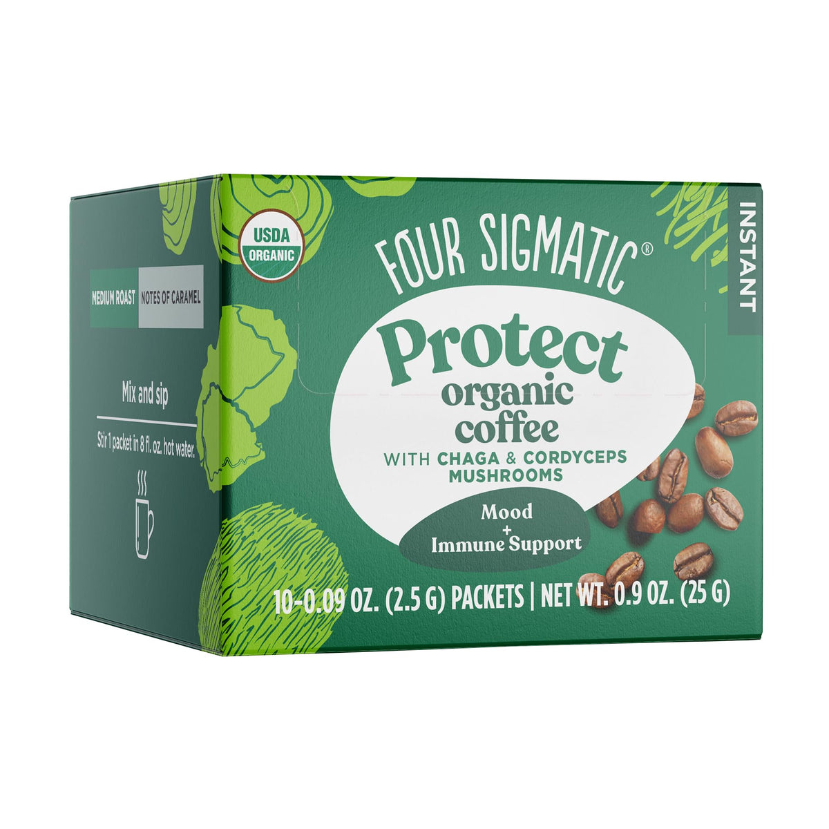 Four Sigmatic Organic Instant Coffee cup steaming with Cordyceps for focused mornings.