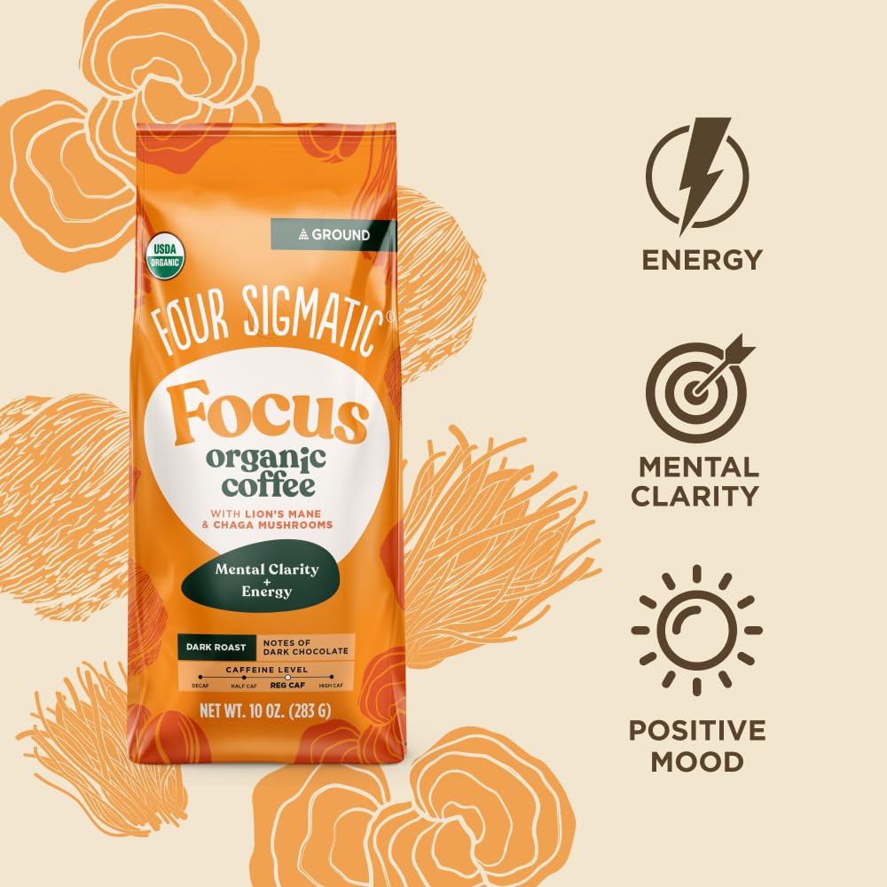 Four Sigmatic Lion's Mane Ground Coffee cup with steam for alertness.