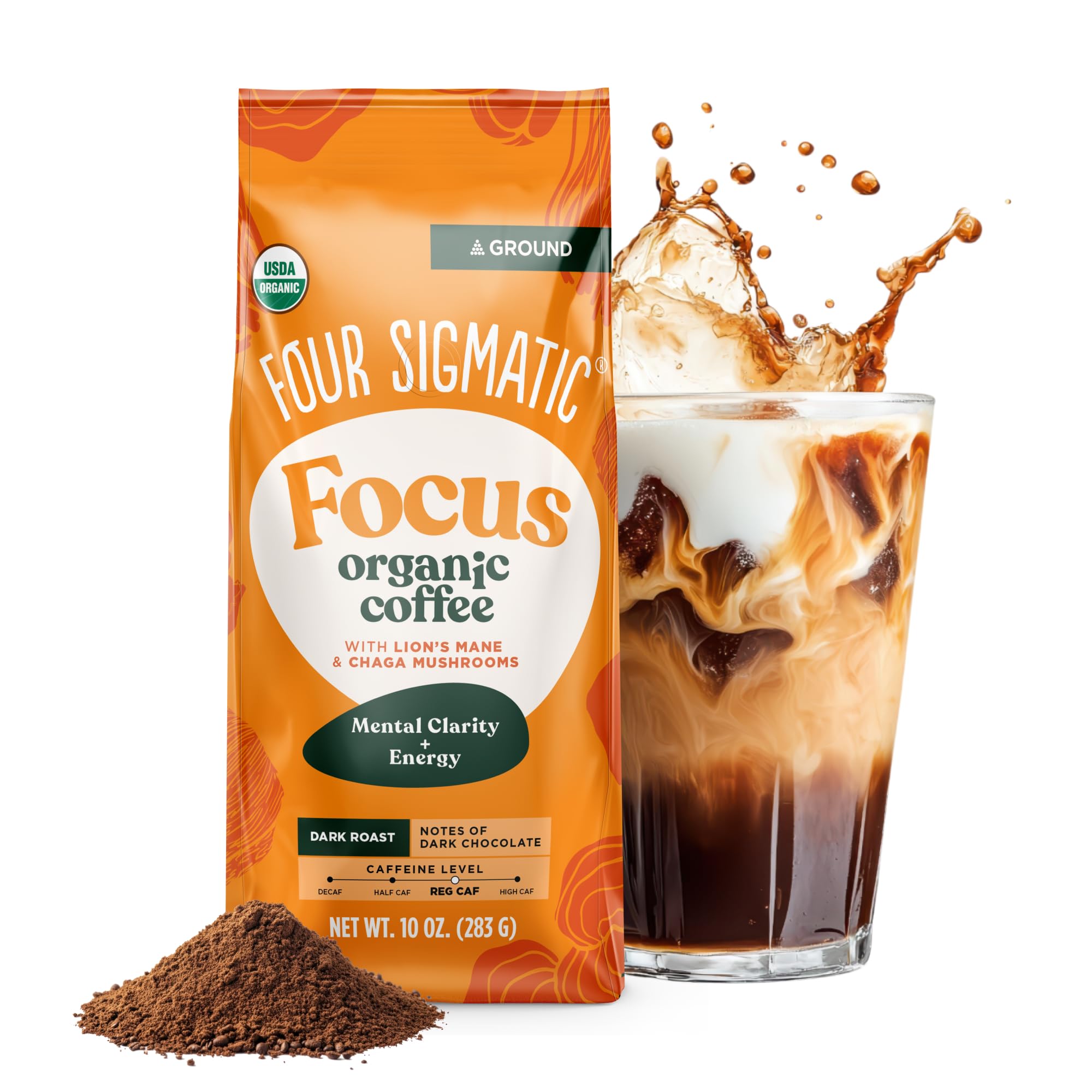 Four Sigmatic Lion's Mane Ground Coffee bag close-up with rich aroma for focus.