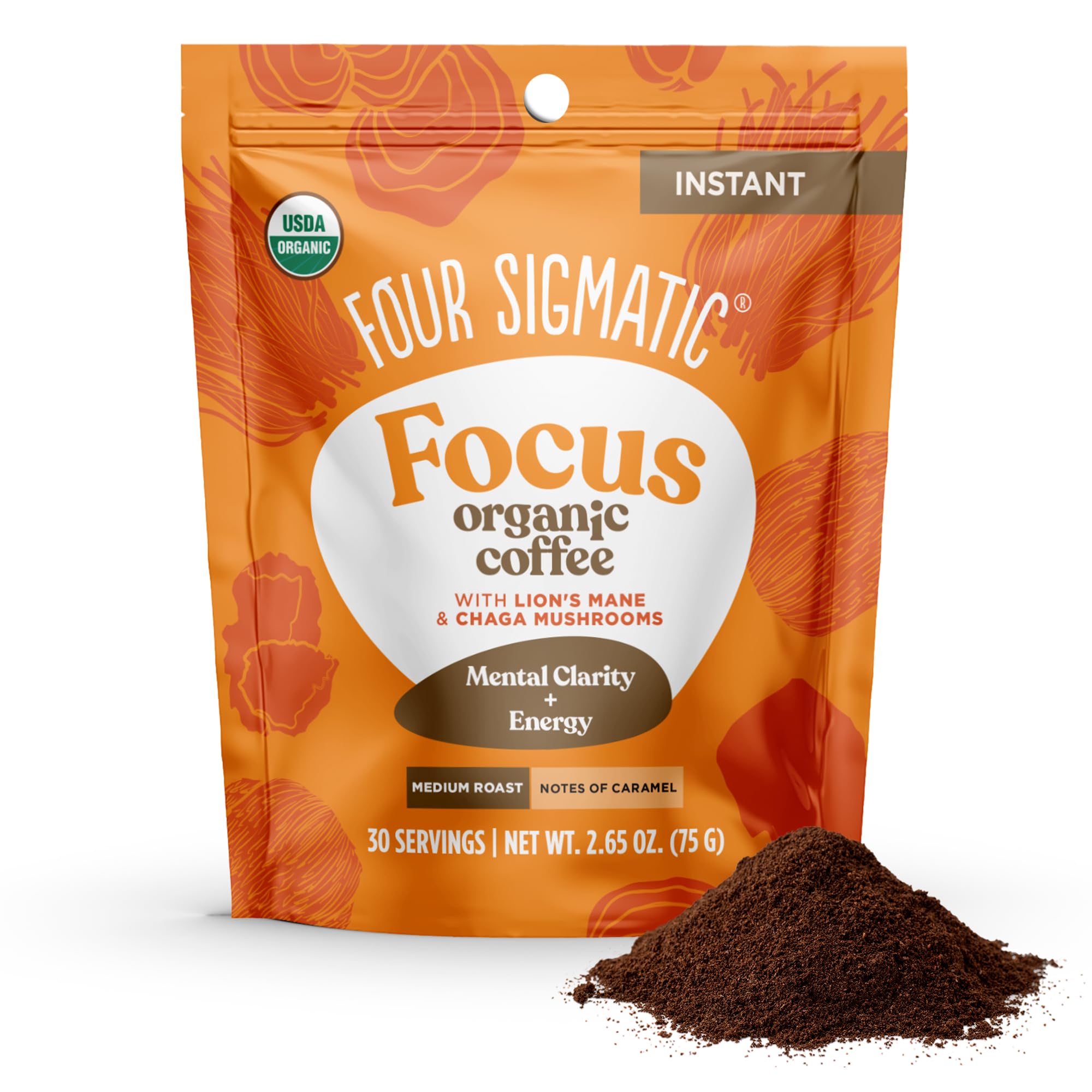 Four Sigmatic Organic Mushroom Coffee bag front highlighting instant blend for quick focus.