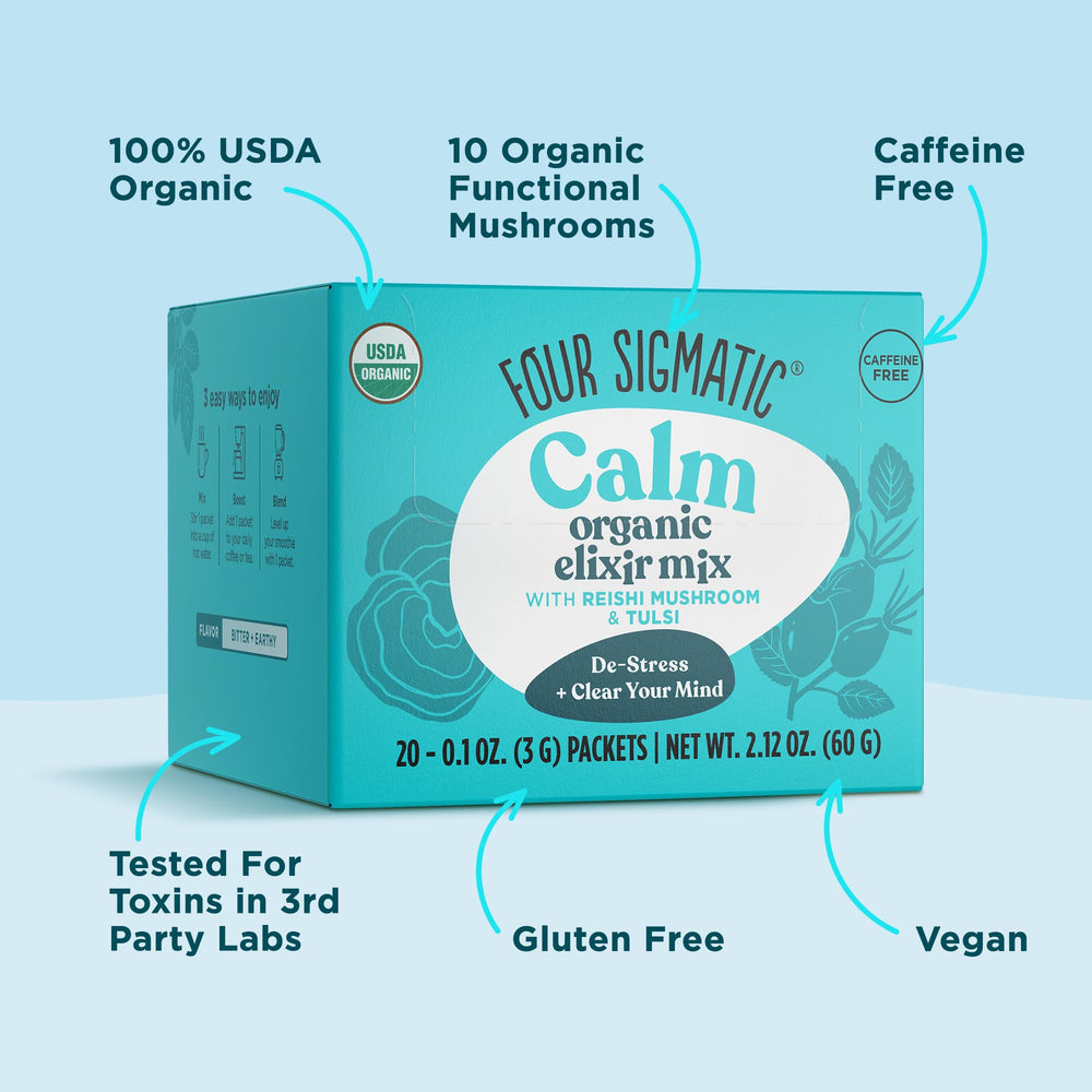 Four Sigmatic Reishi Elixir decaf label emphasizes evening ritual suitability.