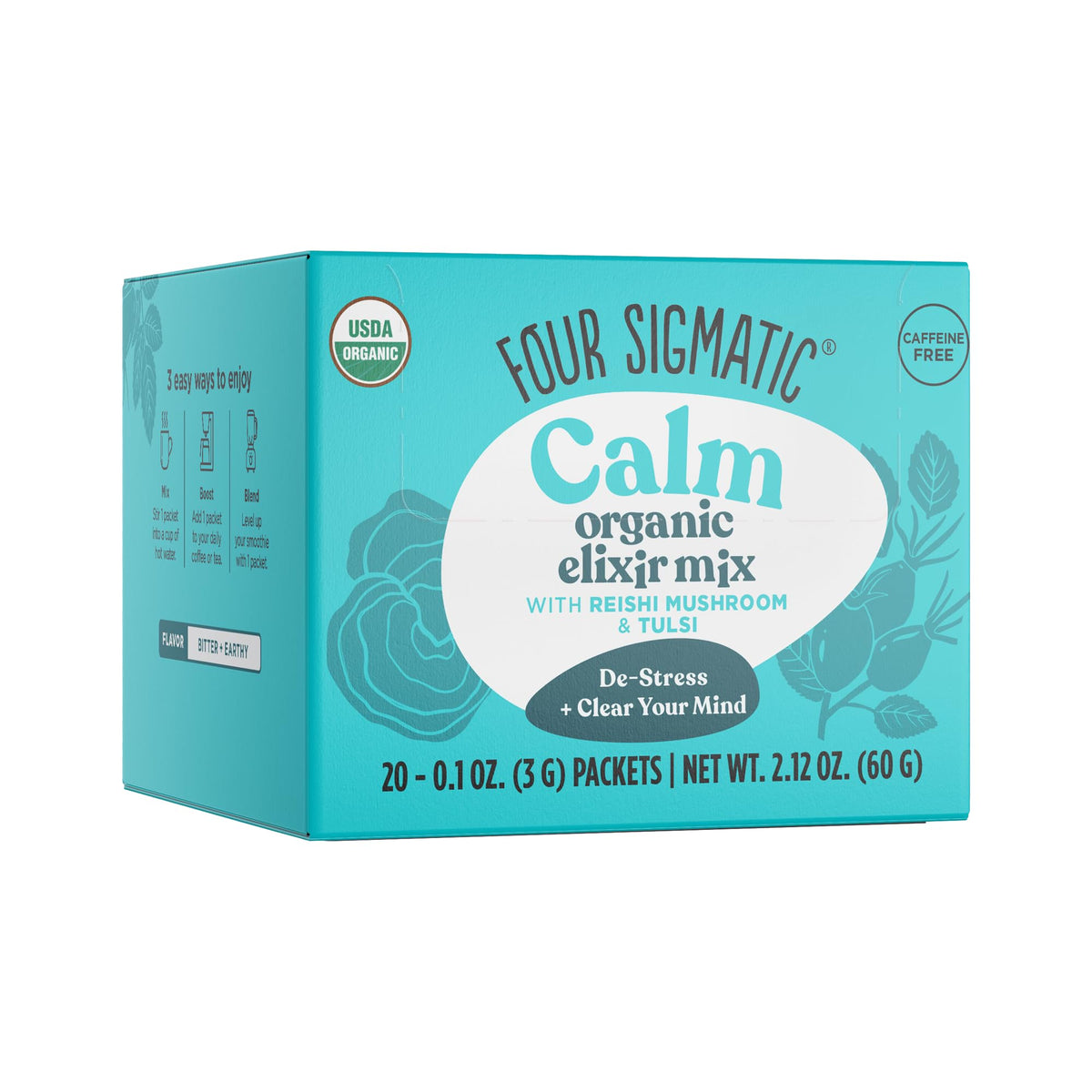 Four Sigmatic Reishi Elixir packaging highlights vegan, keto-friendly formula for daily stress support.