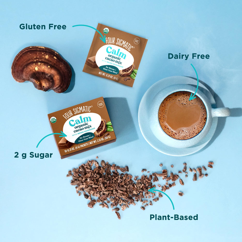 Four Sigmatic Reishi Hot Cacao label shows USDA Organic status and plant-based quality.
