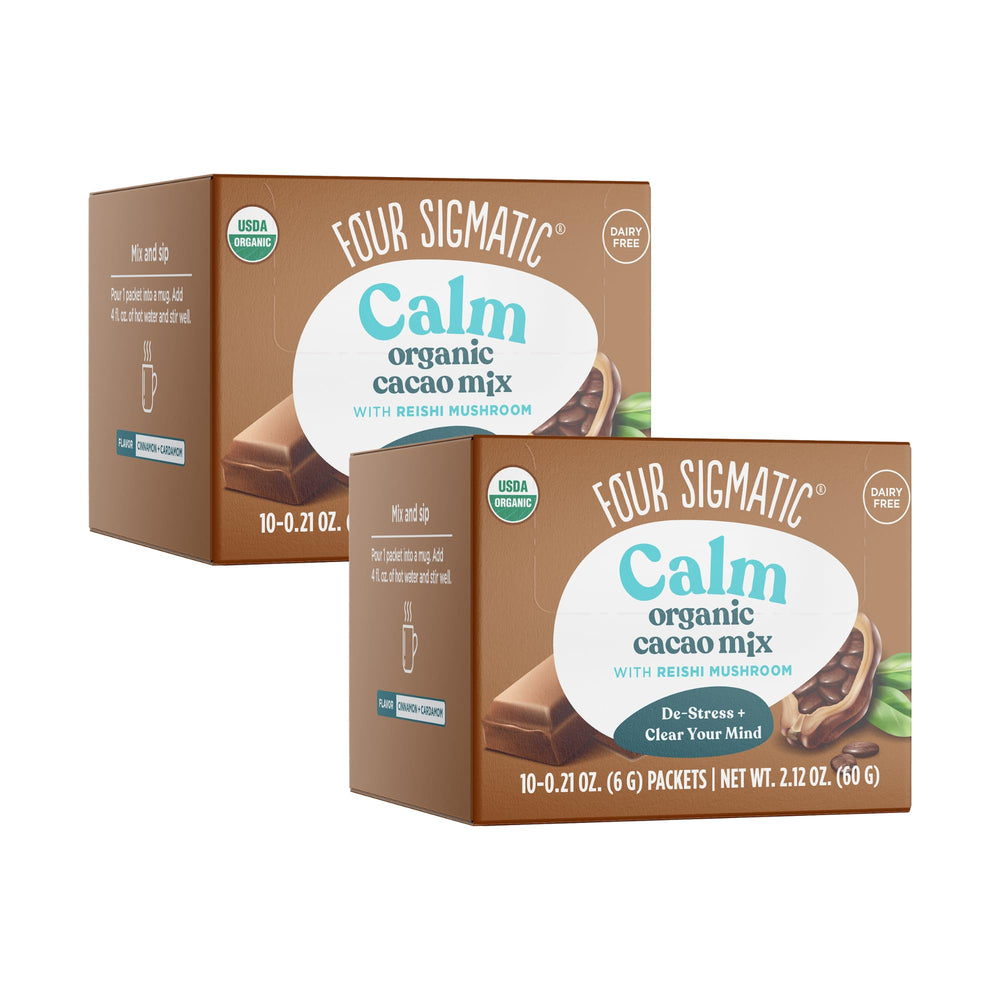 Four Sigmatic Reishi Hot Cacao packaging highlights organic ingredients for a soothing evening ritual.