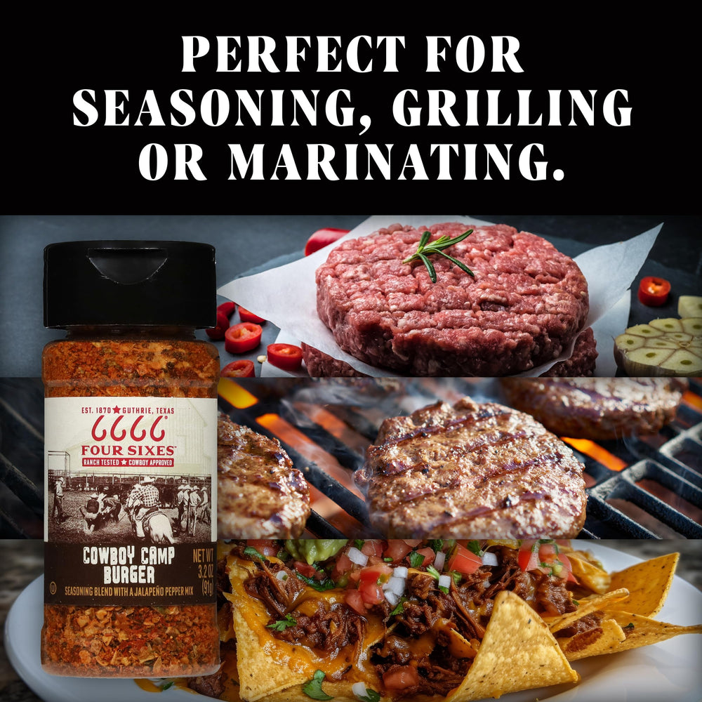 FOUR SIXES Cowboy Camp seasoning bottle ready for burgers enhances kitchen use.