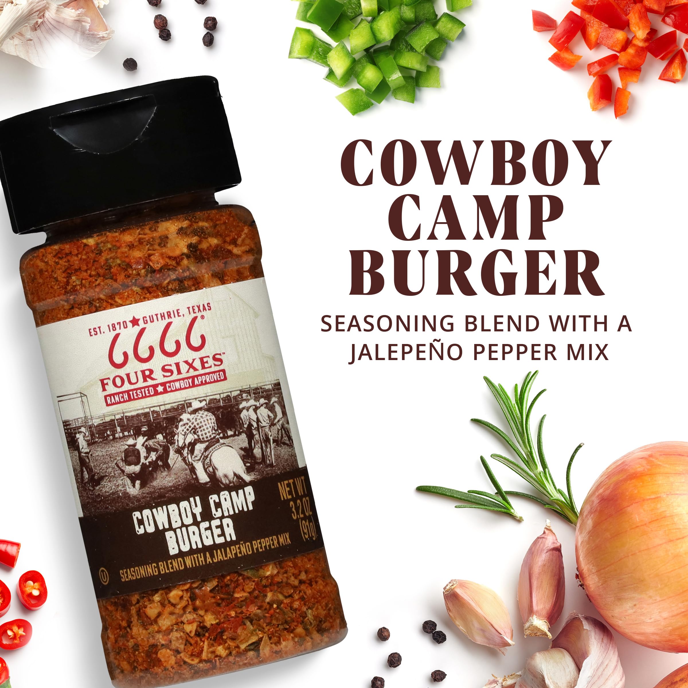 FOUR SIXES Cowboy Camp seasoning pour on grill delivers bold jalapeño notes.