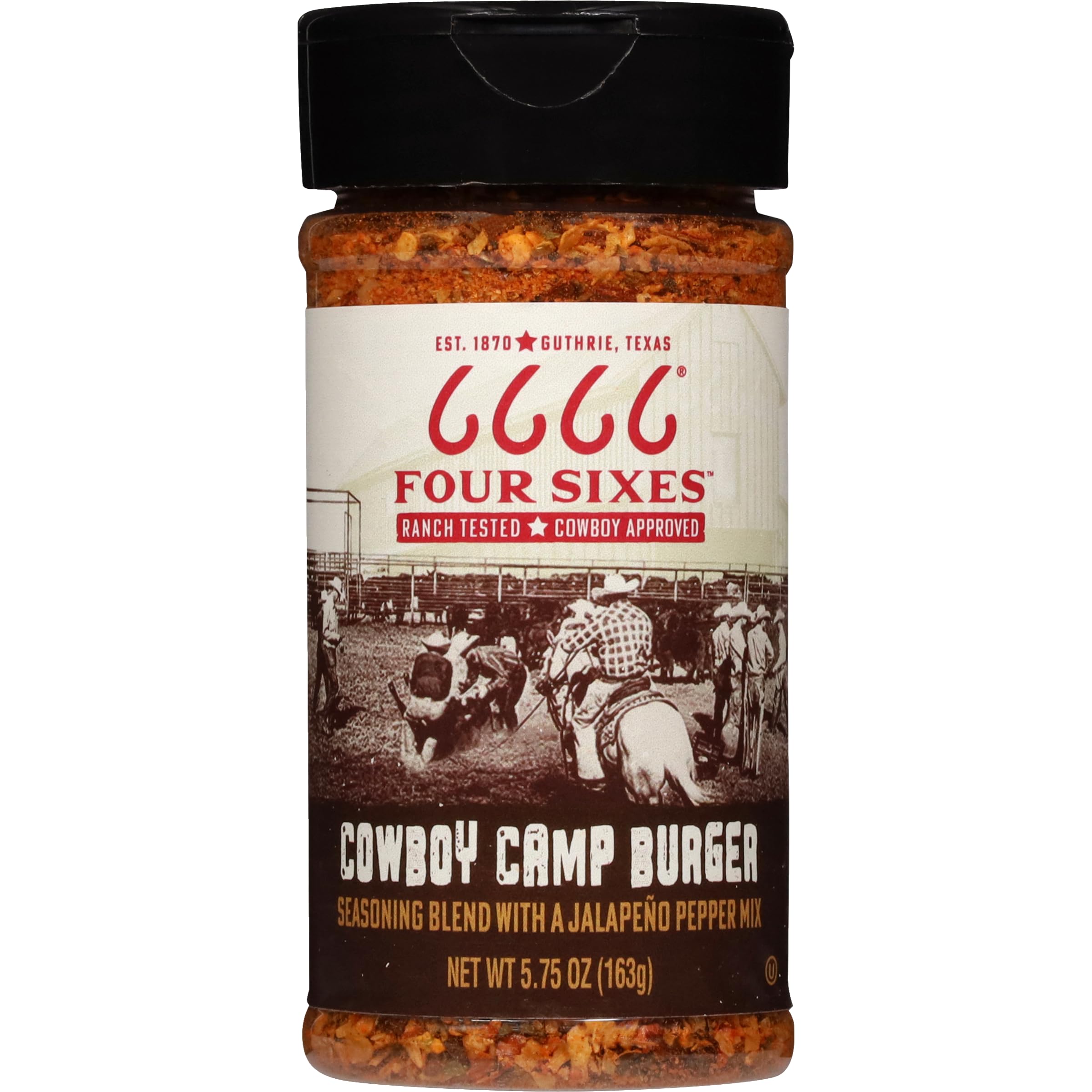 FOUR SIXES 6666 Cowboy Camp Burger Seasoning jar closeup for grilled burgers