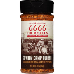 FOUR SIXES 6666 Cowboy Camp Burger Seasoning jar closeup for grilled burgers