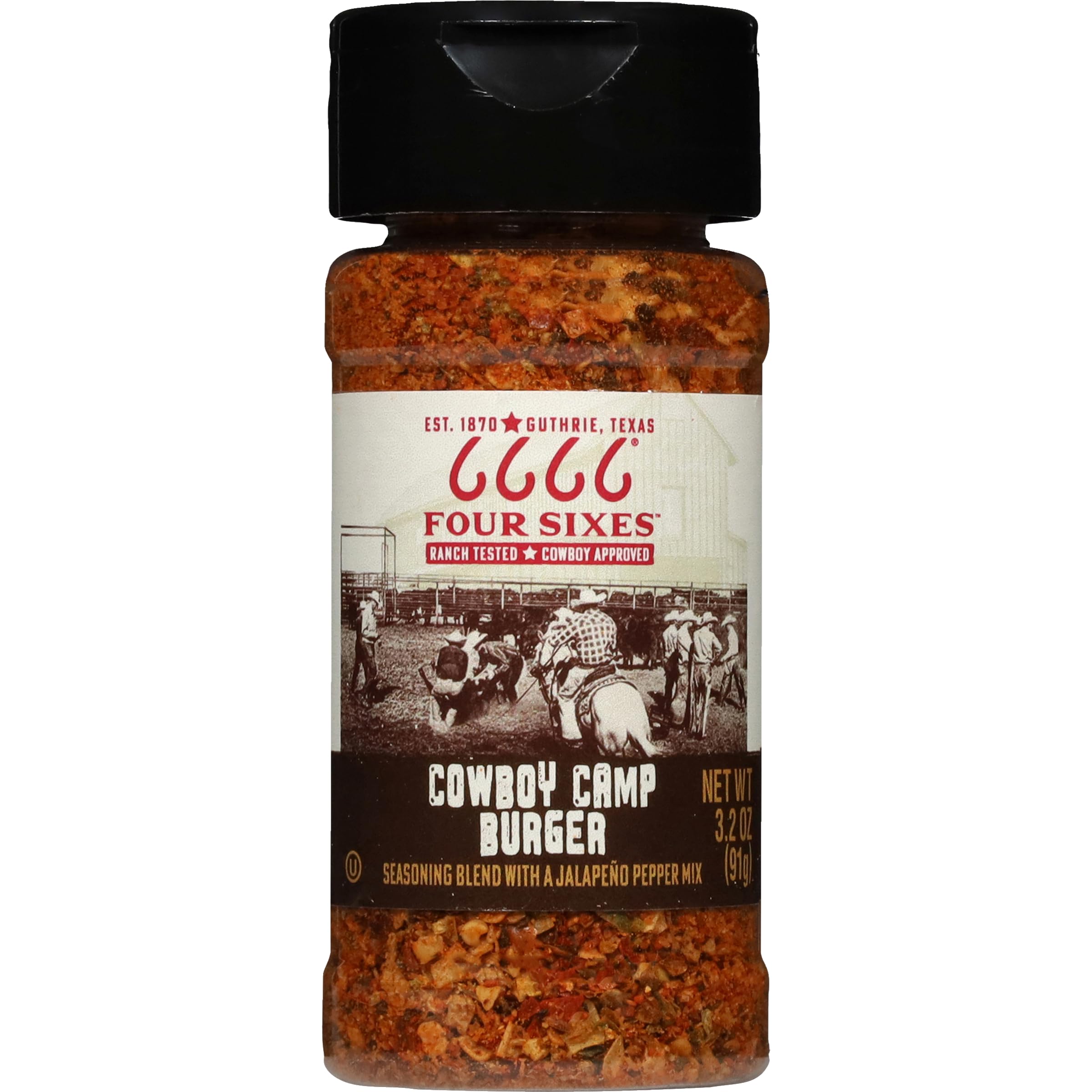 FOUR SIXES Cowboy Camp Burger Seasoning label on bottle boosts authentic Texas flavor for grilling.