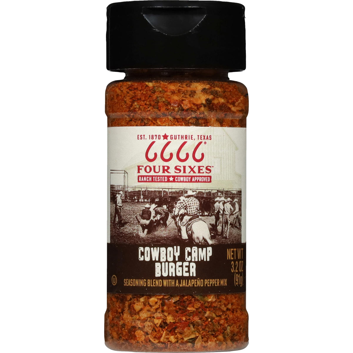 FOUR SIXES Cowboy Camp Burger Seasoning label on bottle boosts authentic Texas flavor for grilling.
