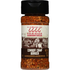 FOUR SIXES Cowboy Camp Burger Seasoning label on bottle boosts authentic Texas flavor for grilling.