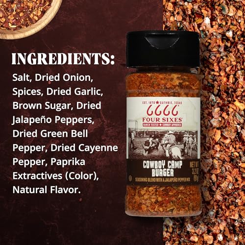 FOUR SIXES 6666 Burger Seasoning jar on grill enhances beef flavor with peppers