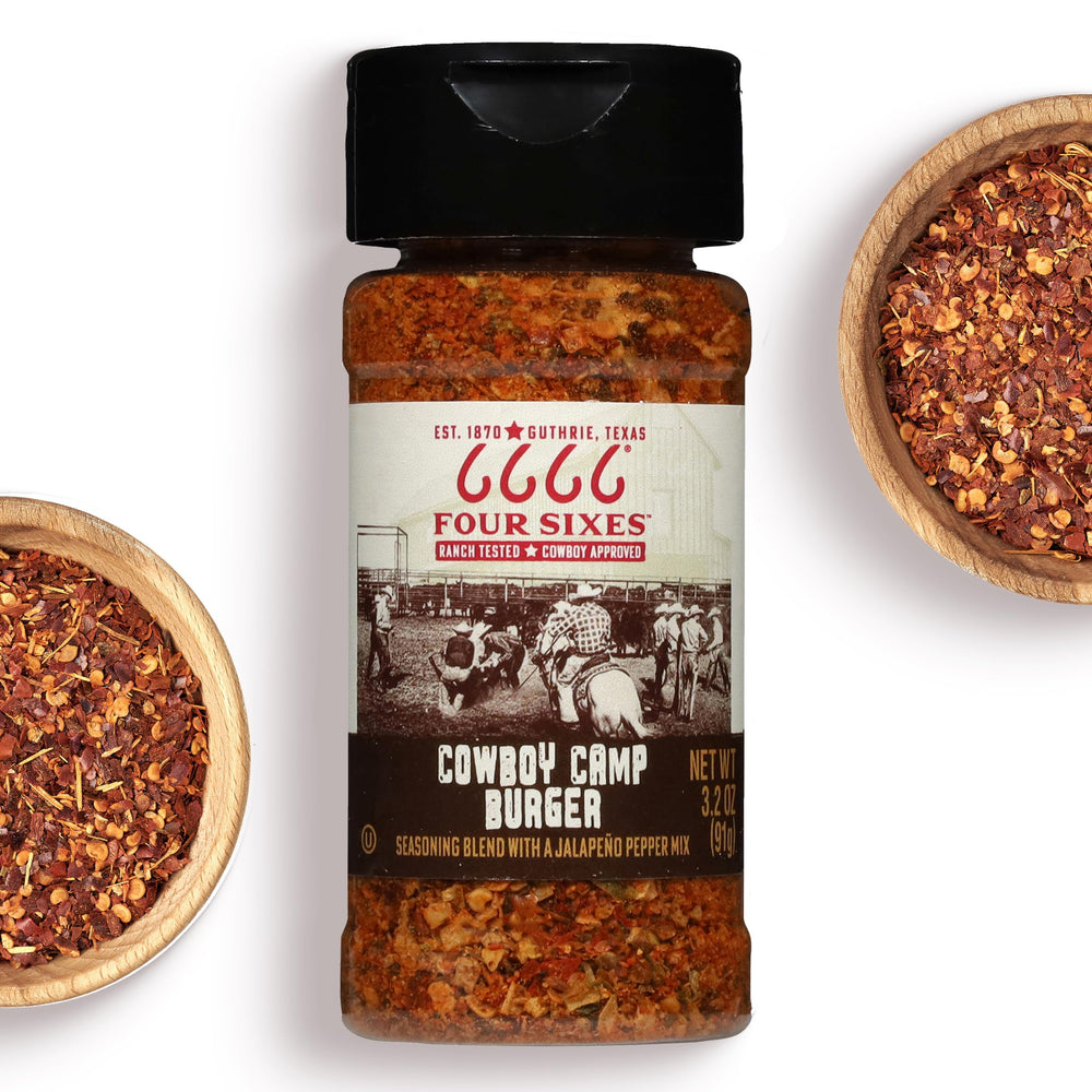 FOUR SIXES Cowboy Camp seasoning on a shelf emphasizes five-year freshness.