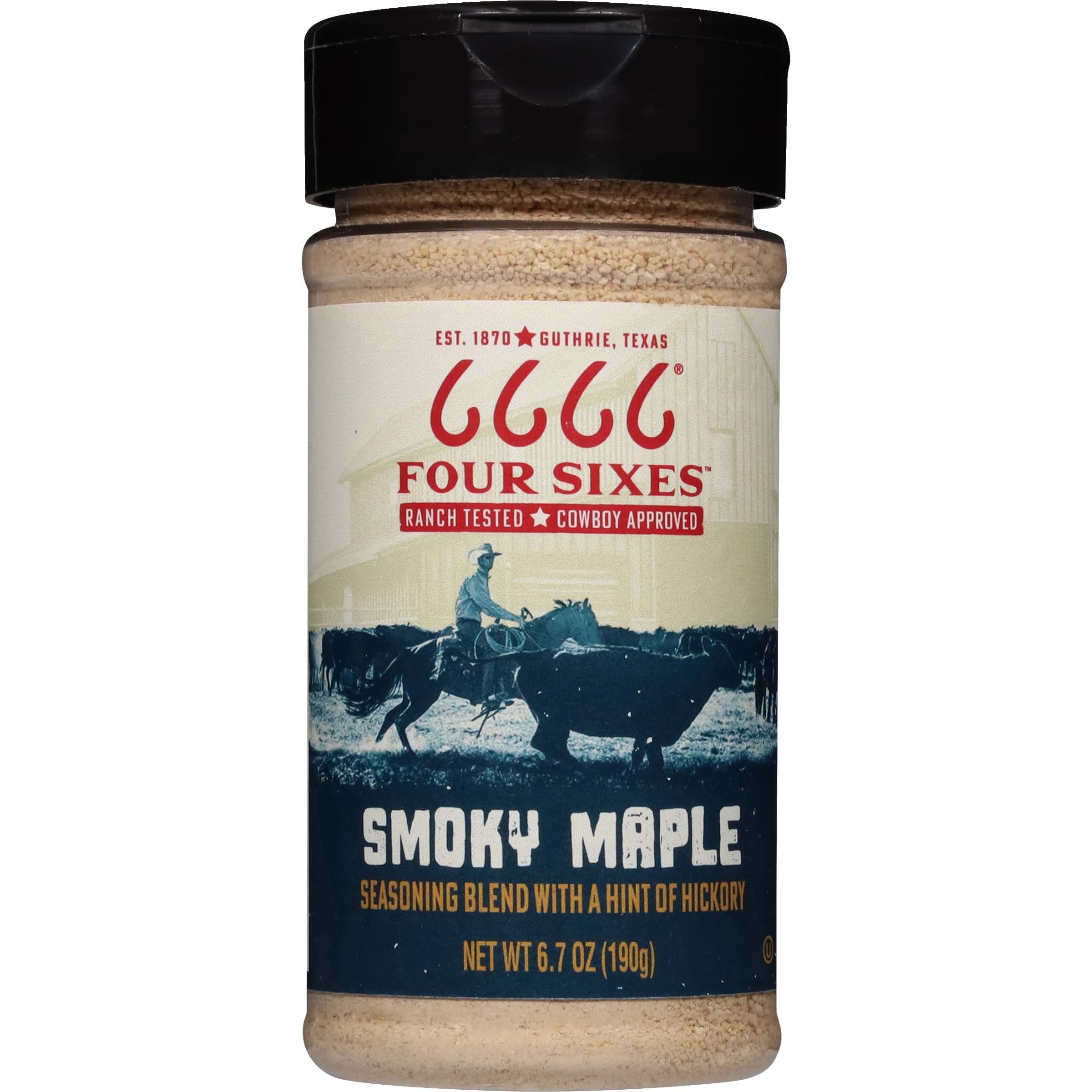 FOUR SIXES 6666 Smoky Maple Seasoning bottle front adds rich, smoky sweetness to meals.