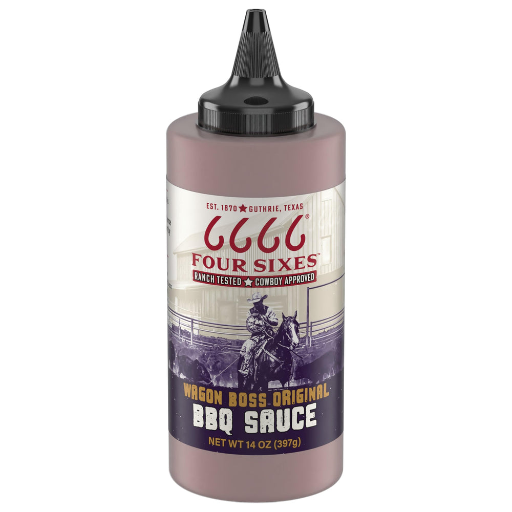FOUR SIXES 6666 Wagon Boss BBQ Sauce bottle front, ideal for glazing grilled meats.