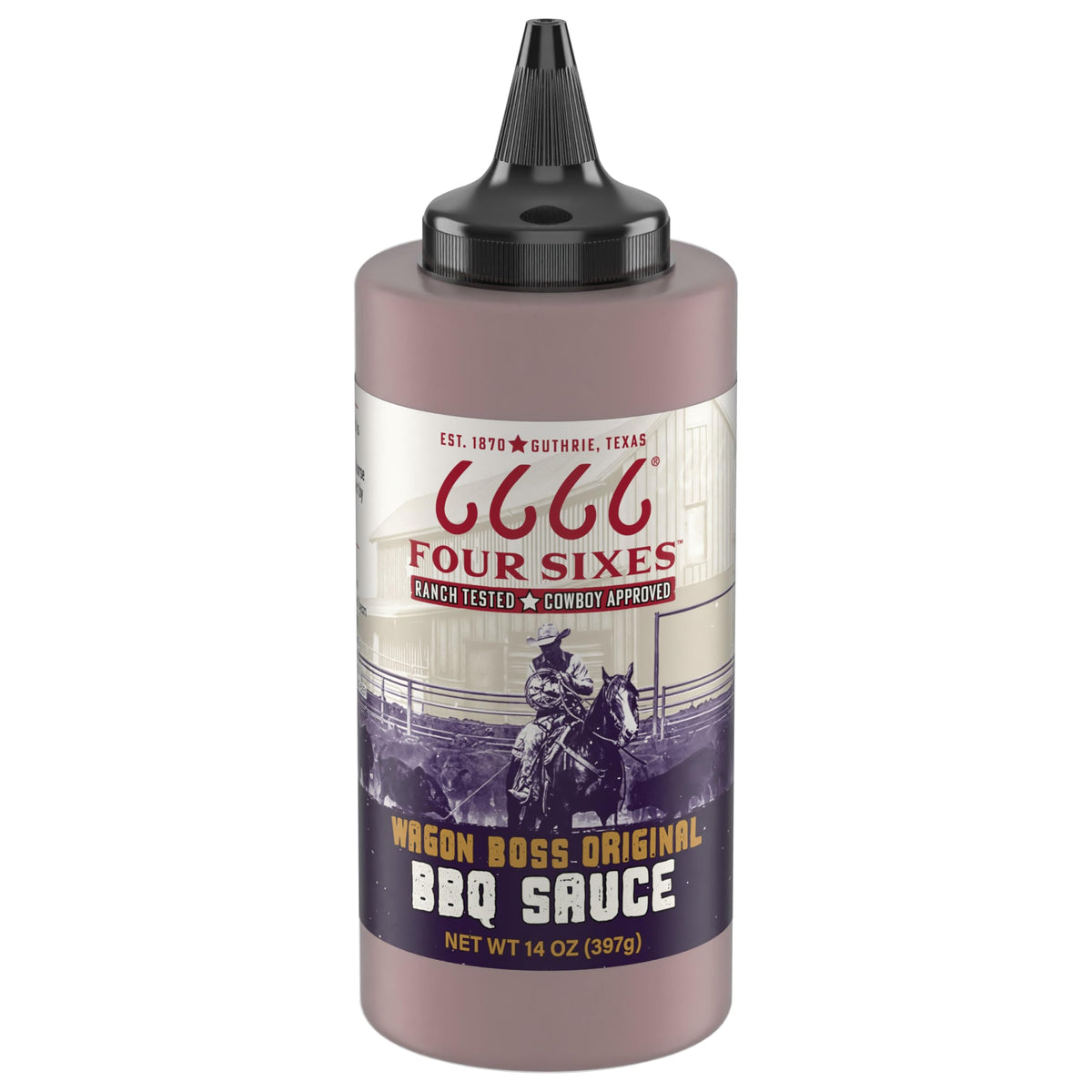 FOUR SIXES 6666 Wagon Boss BBQ Sauce bottle front, ideal for glazing grilled meats.