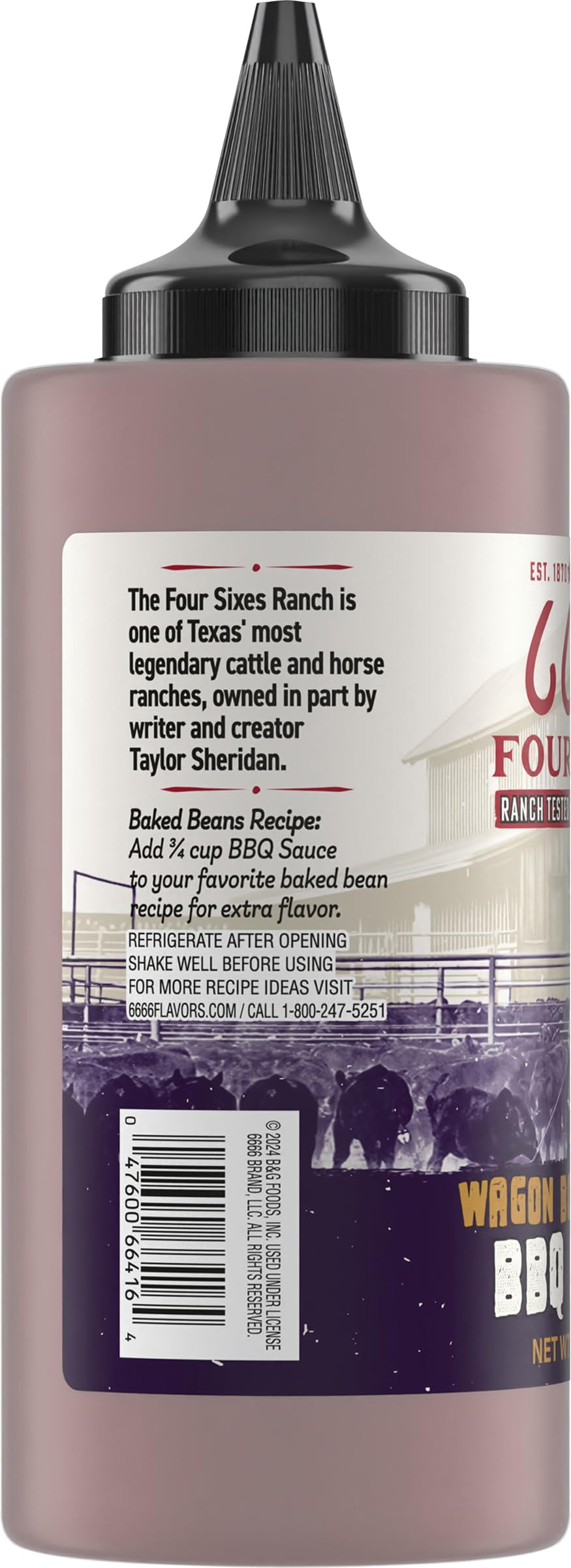 FOUR SIXES Wagon Boss bottle near grill emphasizes ready-to-use flavor companion.