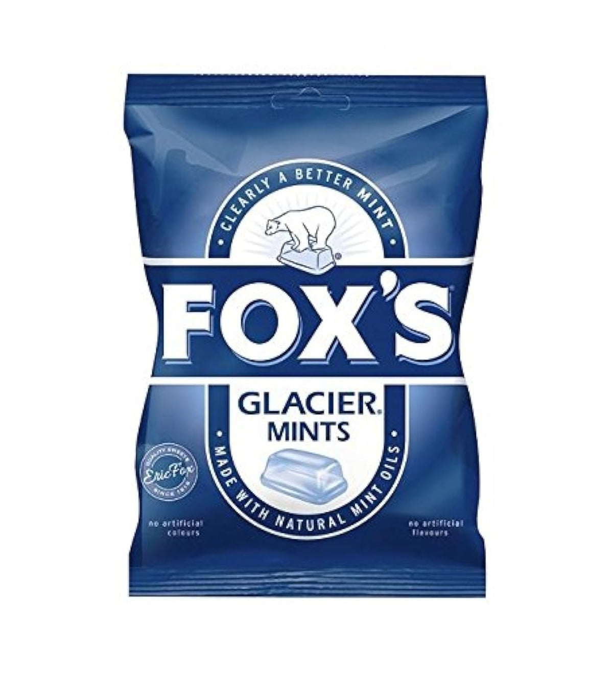 Fox's Glacier Mints 200g bag front view showing classic mint flavor and packaging benefits