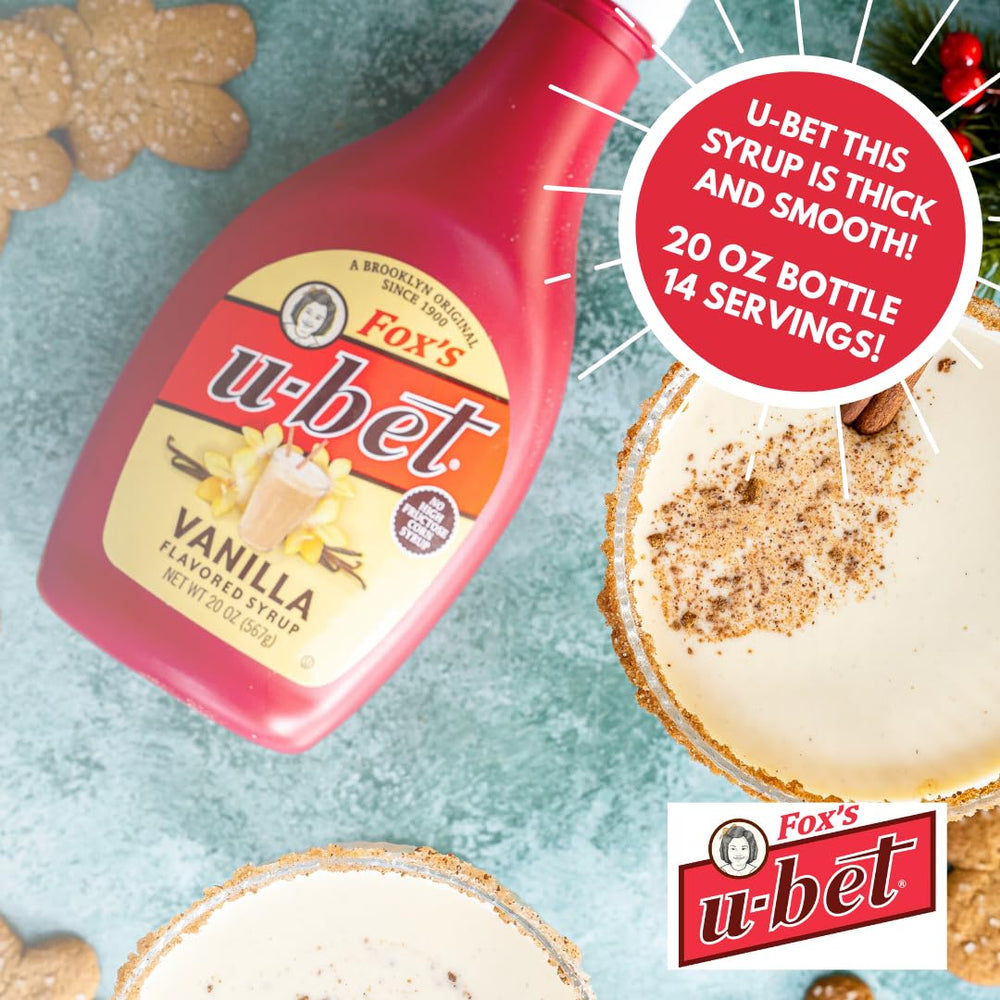 FOX'S U-BET syrup bottle on pancakes adds a rich vanilla finish