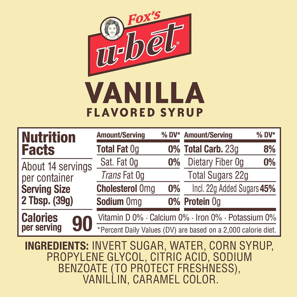 FOX'S U-BET Vanilla syrup drizzle on ice cream or waffles for extra sweetness