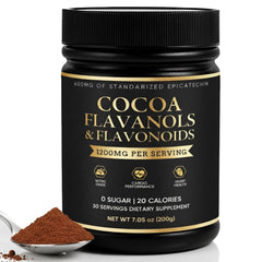 FQMUEV High Flavanol Cocoa Powder bottle showcasing 1200mg flavanols and 600mg epicatechin for energy
