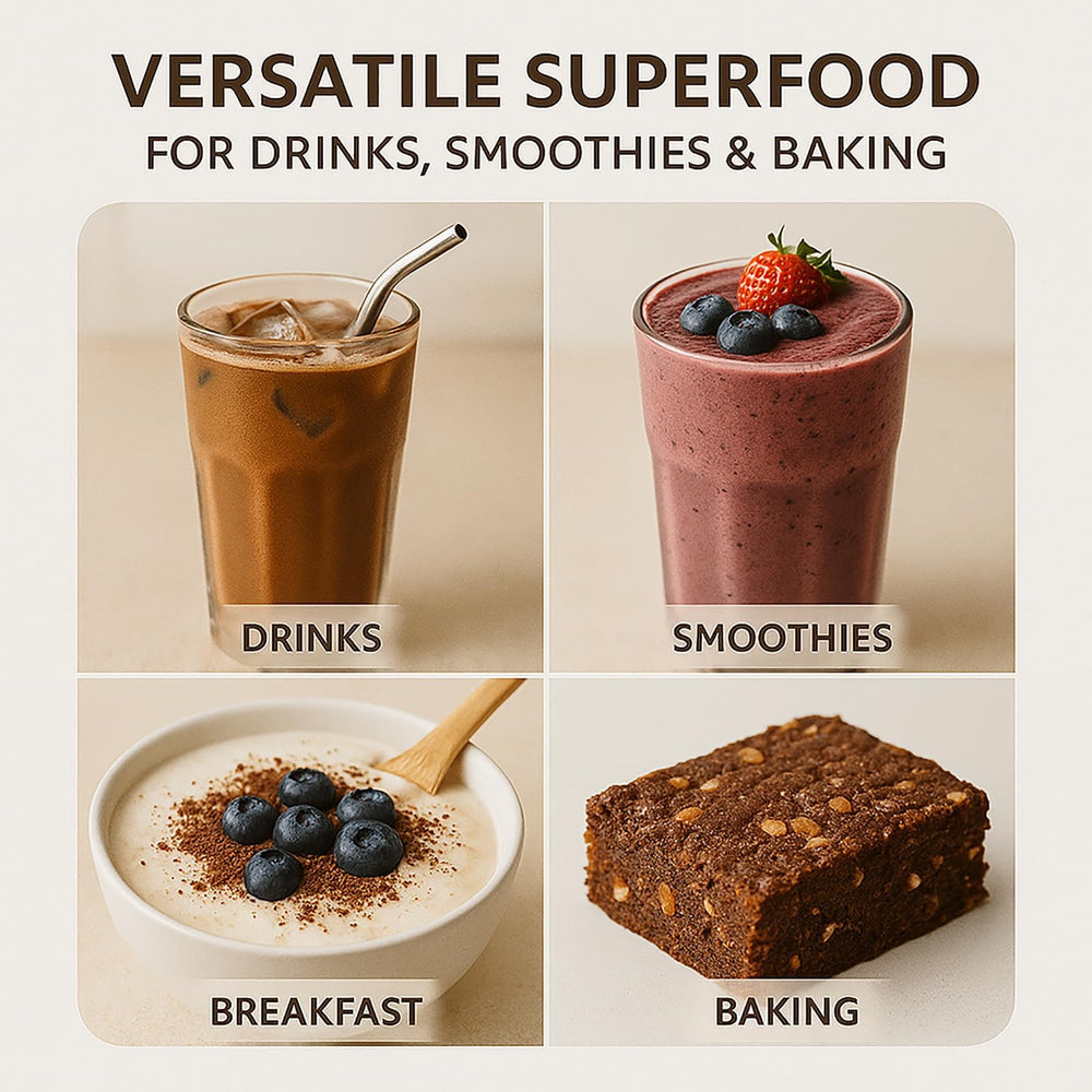 Cocoa powder being stirred into a smoothie for a rich chocolate lift