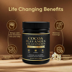 Measuring scoop next to FQMUEV cocoa powder in resealable pouch for portion control