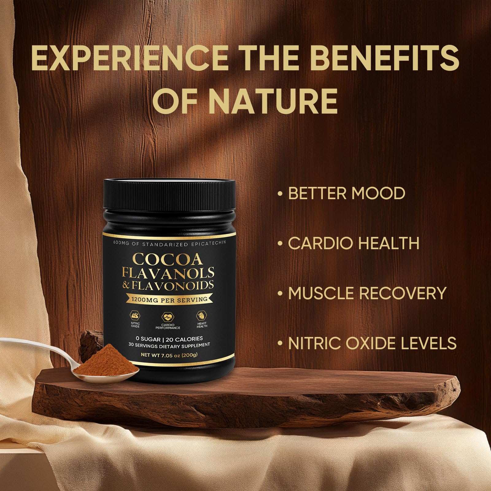 FQMUEV High Flavanol Cocoa Powder packaging highlighting vegan non GMO formula and freshness pouch