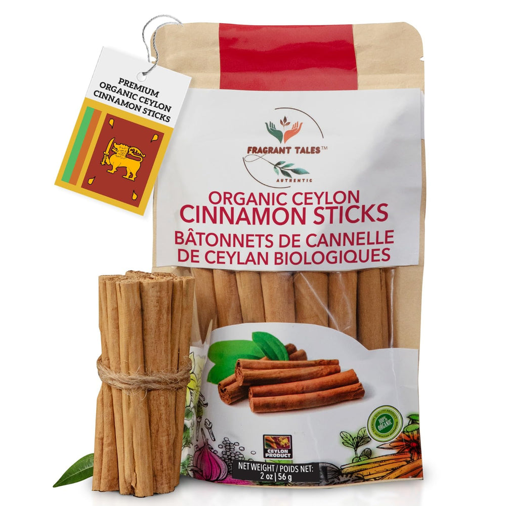 Fragrant Tales premium 5-inch Ceylon cinnamon sticks for tea infusions and baking aroma.